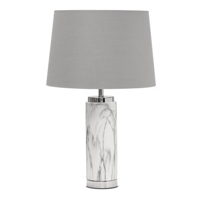 Lighting Supermarket Cylinder Grey Marble Effect Table Lamp With Grey Silver Lined Shade - image 1