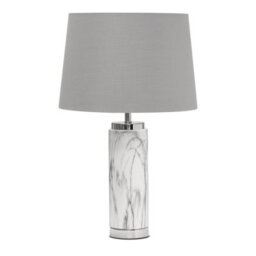 Lighting Supermarket Cylinder Grey Marble Effect Table Lamp With Grey Silver Lined Shade - thumbnail 1