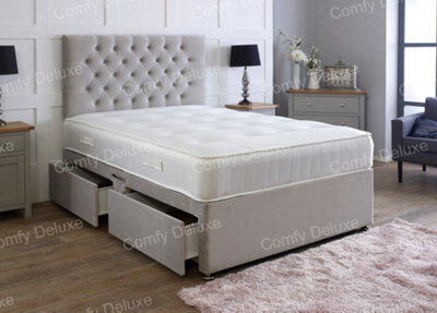 Comfy Deluxe Silver Plush 3Ft Single Divan Bed With Mattress And Headboard No Drawers