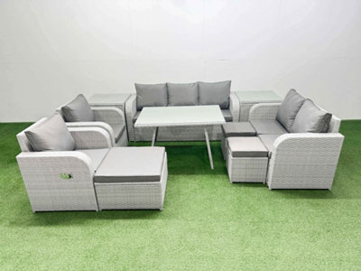 Fimous Pe Rattan Garden Furniture Set Outdoor Rectangular Dining Table Sofa Set With Reclining Chair 3 Stool 2 Side Tables - image 1