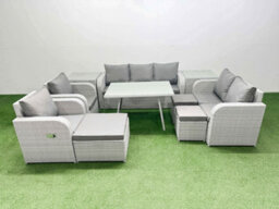 Fimous Pe Rattan Garden Furniture Set Outdoor Rectangular Dining Table Sofa Set With Reclining Chair 3 Stool 2 Side Tables - thumbnail 1