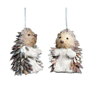Gisela Graham Christmas Set Of 2 Bristle Hedgehog Decorations, 8.5 Cm High, Brown - Woodland Hanging Ornaments