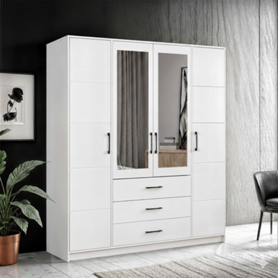 Sliding Wardrobes 4 u LTD Contemporary Four Door Hinged Wardrobe With Mirror And Drawers In White, Artisan And Grey - (White 200Cm) - image 1
