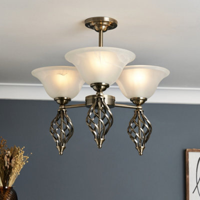 Litecraft Alabaster 3 Light Spiral Semi Flush Ceiling Light - Antique Brass - image 1