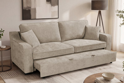 Convertible Beige 3 Seater Sofa Bed For Living Room Nathan - Plush Woven Chenille - Room Delivery - image 1