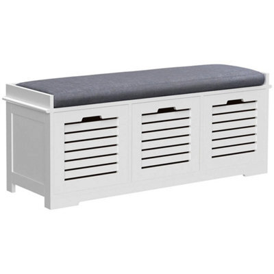 3-Door Shoe Storage Bench Cushion Seat Slatted Doors, White - image 1