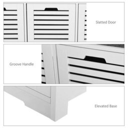 3-Door Shoe Storage Bench Cushion Seat Slatted Doors, White - thumbnail 3
