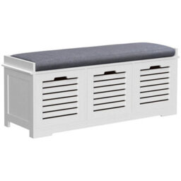 3-Door Shoe Storage Bench Cushion Seat Slatted Doors, White - thumbnail 1