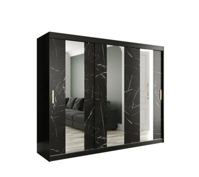 Arte Elegant Black Geneva Sliding Door Wardrobe W2500mm H2000mm D620mm - Mirrored Doors, Gold Handles, Grand Storage - image 1