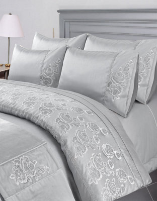 Duvet Cover And Pillowcase Set Embroided Luxury Design Polyester Bed Linen Silver - image 1