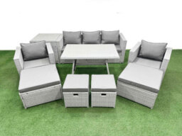 Fimous 9 Pieces Outdoor Pe Rattan Sofa Armchair Set Patio Garden Furniture Sets With Cushions Side Table 4 Stools Light Grey - thumbnail 2
