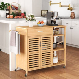 Costway Kitchen Island Cart Bamboo Rolling Storage Sideboard-Natural - thumbnail 8