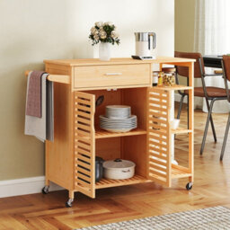 Costway Kitchen Island Cart Bamboo Rolling Storage Sideboard-Natural - thumbnail 9