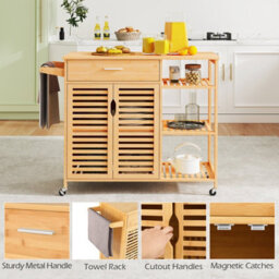 Costway Kitchen Island Cart Bamboo Rolling Storage Sideboard-Natural - thumbnail 7