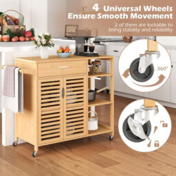 Costway Kitchen Island Cart Bamboo Rolling Storage Sideboard-Natural - thumbnail 5