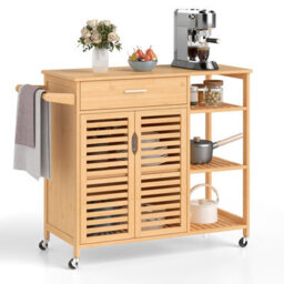 Costway Kitchen Island Cart Bamboo Rolling Storage Sideboard-Natural - thumbnail 3