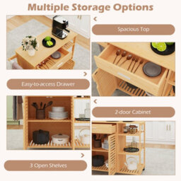Costway Kitchen Island Cart Bamboo Rolling Storage Sideboard-Natural - thumbnail 6