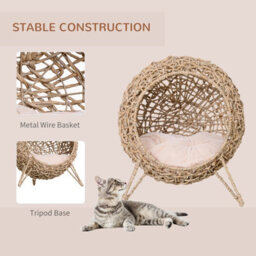 Pawhut Wicker Cat House, Ball-Shaped Rattan Raised Cat Bed - Natural Wood Finish - thumbnail 4