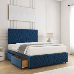 Bsspoke Rose Divan Bed Set In Blue Plush Velvet With 24Inch Headboard & Footboard 4 Drawers & Mattress In All Sizes