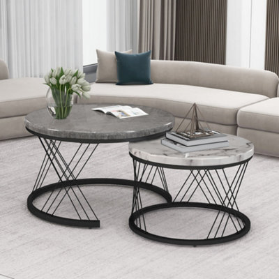 Btm Round Coffee Table Set Of 2 With Marble Pattern Top Metal Frame White And Black For Living Room Bedroom - image 1