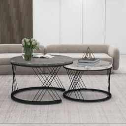 Btm Round Coffee Table Set Of 2 With Marble Pattern Top Metal Frame White And Black For Living Room Bedroom - thumbnail 4