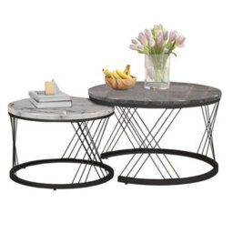 Btm Round Coffee Table Set Of 2 With Marble Pattern Top Metal Frame White And Black For Living Room Bedroom - thumbnail 7