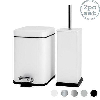 Harbour Housewares 3L Bathroom Bin & Brush Set - White - Square Stainless Steel Slim Trashcan Pedal Bin & Toilet Brush Set - image 1