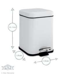 Harbour Housewares 3L Bathroom Bin & Brush Set - White - Square Stainless Steel Slim Trashcan Pedal Bin & Toilet Brush Set - thumbnail 4