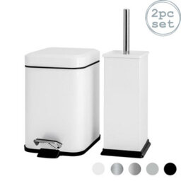 Harbour Housewares 3L Bathroom Bin & Brush Set - White - Square Stainless Steel Slim Trashcan Pedal Bin & Toilet Brush Set