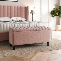 137Cm Safari Striped Plush Velvet Upholstered Ottoman Storage Bench With Legs,pink Deep Storage End Of Bed Shoes Bench