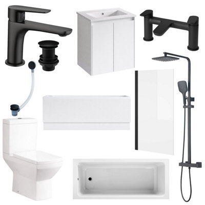 Plum&clay Complete Bathroom Suite Black Taps 500mm White Wall Hung Vanity Unit Bath Shower Screen Toilet Waste - image 1