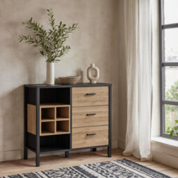 Wyld Haus Yokohama 3-Drawer Display Chest In Matte Black And Riviera Oak - thumbnail 1