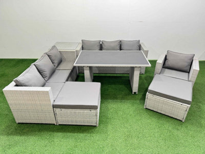 Fimous Patio Garden Furniture Sets With Black Glass Top Dining Table 3 Seater Sofa Armchair Side Table 2 Big Stool Light Grey - image 1
