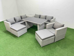 Fimous Patio Garden Furniture Sets With Black Glass Top Dining Table 3 Seater Sofa Armchair Side Table 2 Big Stool Light Grey - thumbnail 2