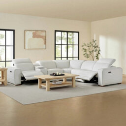 Aiden & Ivy Karson Cream Leather Sectional Sofa Top Grain Leather, 3 Power Recliners With Power Headrests, Storage Console - thumbnail 1