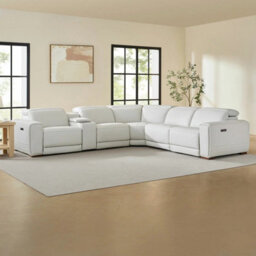 Aiden & Ivy Karson Cream Leather Sectional Sofa Top Grain Leather, 3 Power Recliners With Power Headrests, Storage Console - thumbnail 3