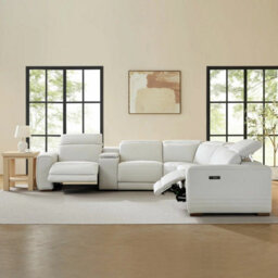 Aiden & Ivy Karson Cream Leather Sectional Sofa Top Grain Leather, 3 Power Recliners With Power Headrests, Storage Console - thumbnail 4