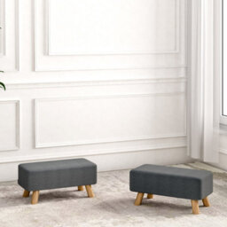 Darphe Modern Dark Grey Linen Footstool With Pine Wood Legs Upholstered Ottoman Bench