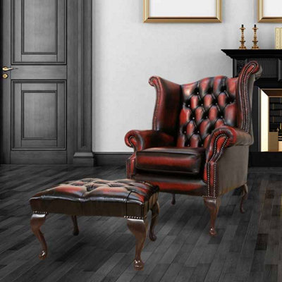 Chesterfield High Back Wing Chair + Footstool Antique Oxblood Red Leather In Queen Anne Style - image 1