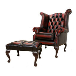 Chesterfield High Back Wing Chair + Footstool Antique Oxblood Red Leather In Queen Anne Style - thumbnail 2
