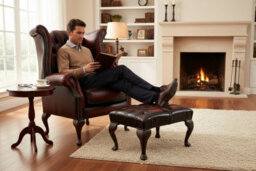 Chesterfield High Back Wing Chair + Footstool Antique Oxblood Red Leather In Queen Anne Style - thumbnail 3