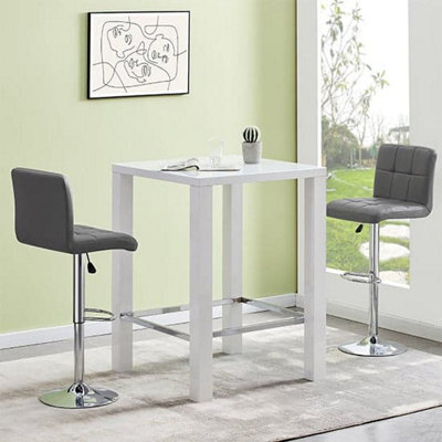 Furniture in Fashion Jam Square Glass White Gloss Bar Table With 2 Coco Grey Stools - image 1