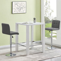 Furniture in Fashion Jam Square Glass White Gloss Bar Table With 2 Coco Grey Stools