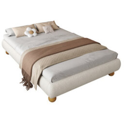 Btm 4Ft6 Double Upholstered Bed Boucle Bed Frame With Sturdy Slats 135X190Cm Beige - thumbnail 7