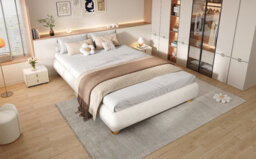 Btm 4Ft6 Double Upholstered Bed Boucle Bed Frame With Sturdy Slats 135X190Cm Beige - thumbnail 9