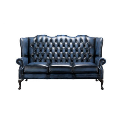 Chesterfield 3 Seater High Back Antique Blue Leather Sofa In Mallory Style - image 1