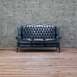 Chesterfield 3 Seater High Back Antique Blue Leather Sofa In Mallory Style - thumbnail 4