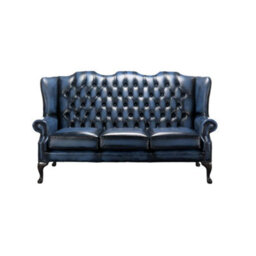Chesterfield 3 Seater High Back Antique Blue Leather Sofa In Mallory Style