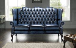Chesterfield 3 Seater High Back Antique Blue Leather Sofa In Mallory Style - thumbnail 2