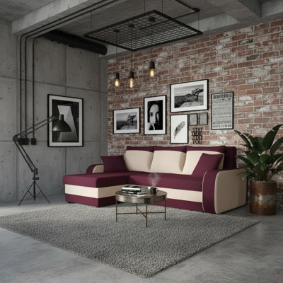 Kris M Corner Sofa Bed Has Storage Ottoman Polyurethane Foam Wooden Frame Plastic Legs 238X147X80Cm Burgundy And Cream - image 1